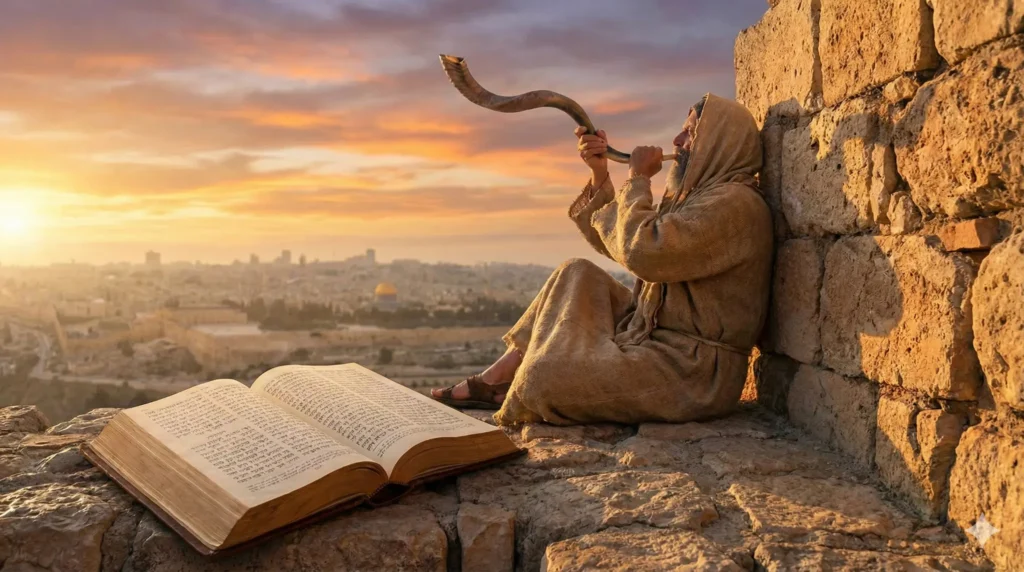Biblical watchman on ancient Jerusalem wall blowing shofar at dawn with open Bible - Brother Nathan's prophetic ministry